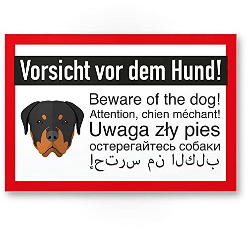 Komma Security Vorsicht vor dem Hund - Rottweiler Hunde Schild Hinweisschild mehrsprachig - Türschild Haustüre Warnschild Abschreckung Einbruchschutz - Achtung Hund