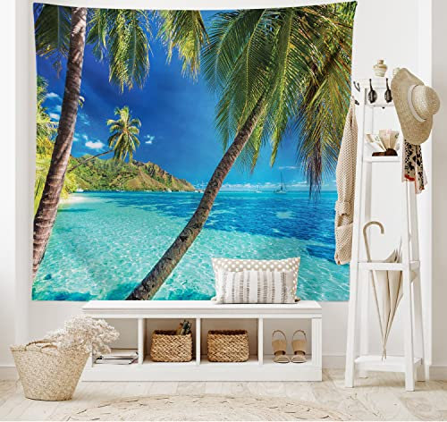 ABAKUHAUS Tropisch Wandteppich und Tagesdecke, Palmen, Meer, Strand aus Weiches Mikrofaser Stoff Waschbar ohne Verblassen Digitaldruck, 230 x 140 cm, Türkis Blau