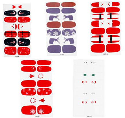 Lurrose 5 Sheets Christmas Nail Stickers Christmas Nail Wraps Self-Adhesive for Holiday Party