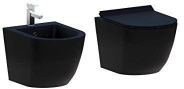 Set Coppia Sanitari Sospesi Senza Brida Nero Opaco Forma Arrotondata Coprivaso Soft-Close incluso
