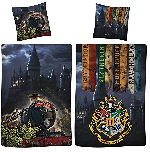 Harry Potter Wende-Bettwäsche Express 9 3/4 135 x 200 + 80 x 80 cm 100% Baumwolle Renforcé-Linon-Qualität mit YKK-Reißverschluss Gryffindor Hufflepuff Ravenclaw Slytherin Hogwarts deutsche Größe