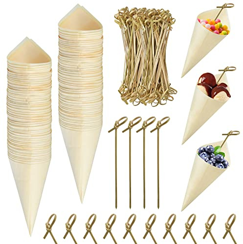 Aemygo Lot de 100 cônes de dégustation en bois avec 100 pics à cocktail en bambou jetables, apéritifs, amuse-bouches, crème glacée pour la nourriture et les fêtes à la maison, événements, buffets