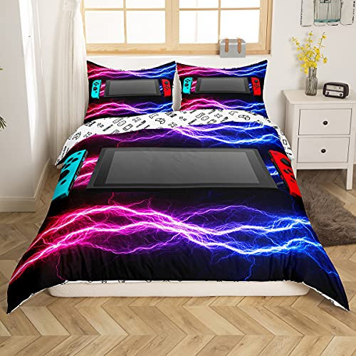 Videospiele Bettwäsche Sets 135x200,Kinder Teen Jungen Gamer Bettbezug Lightning Decor Bettwäsche Bettbezug Set Schlafzimmer Dekor Gaming Controller Bedruckt 2 Stücke mit 1 Kissenbezug,Rot Blau