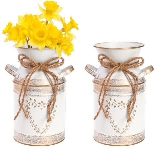 Hacaroa 2 Stück Metall Milchkanne Rustikale verzinkte Vase, 19,1 cm Shabby Chic Can Krug mit Griff, Primitive Dekorative Blumenvase Mini Krug für Haus, Wohnzimmer, Küche, Bauernhof Dekoration