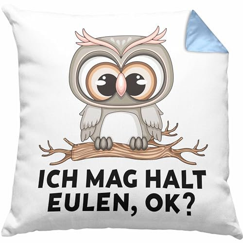 Trendation Eulen Fans Kissen mit Füllung 40x40 Geschenk Eulenliebhaber Geschenkidee Ich Mag Halt Eulen Ok (Blau)