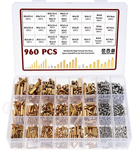 Knpwer 960 piezas macho hembra hexagonal latón espaciador separador surtido de tuercas, M2 M3 M4 roscado pilar PCB placa base Kit