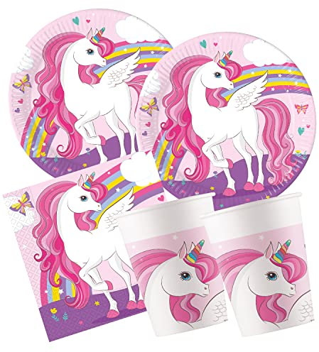 Procos - Set de fête S Unicorn Rainbow 52 pièces, 16 Assiettes, 16 gobelets, 20 Serviettes, Vaisselle jetable, Vaisselle de fête, décoration de Table