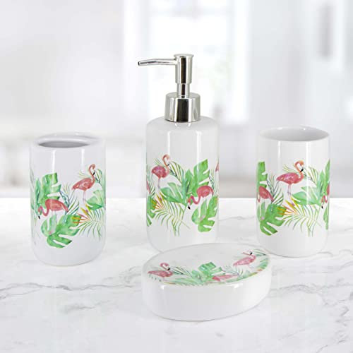 Bad Accessoire Set aus Keramik 4-Teilig.: Seifenspender Zahnputzbecher Zahnbürstenhalter Seifenschale (Design Flamingo). Robust und bequem Farbe: weiß, mit Dekofolie