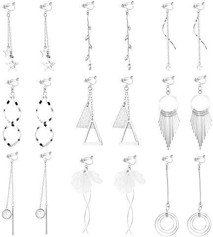 JeweBella 9 Paar Ohrclips Damen Mädchen Ohne Ohrlöcher - Baumeln Clip Ohrringe Hängend Lange Ohrklipser - Stern Mond Perle Modeschmuck Tropfen Set