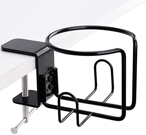 LEKUSHA Large Desk Cup Holder, Clip On Table Anti-Spill Cup Holder for Lawn Chair, Horizontal or Vertical Mount, Pack of 1, Black