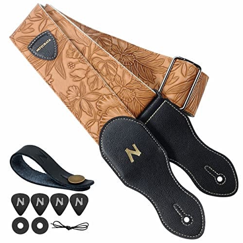 Nefelibata Gitarrengurt mit Plektrumtasche, 2,3-Zoll-Veganes Leder-Gitarrengurte im Porter-Stil, 60er-Jahre-Western-Vintage-Stil mit Plektren, Gurtknopf und Gurtschlössern