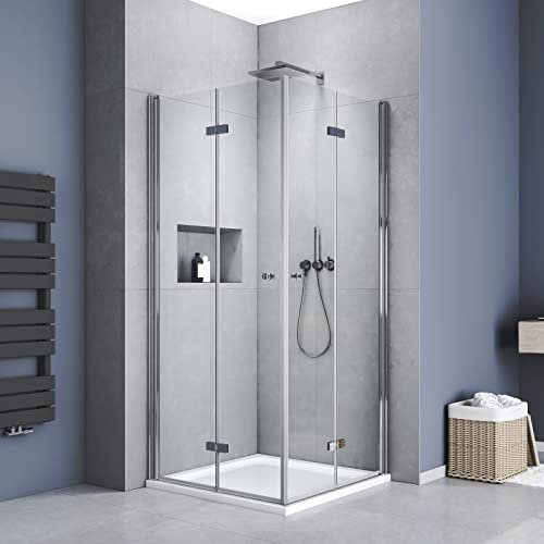 Meykoers Duschkabine Eckeinstieg 70x90x185cm Duschabtrennung Duschwand Glas Duschtür Falttür, Eckdusche Duschtrennwand aus 6mm ESG Sicherheitsglas mit Nano-Beschichtung
