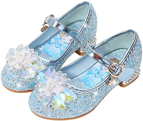 YOGLY Mädchen Hohe Absätze ELSA Prinzessin Schuhe Cosplay Eiskönigin Weihnachten Karneval Geburtstag Neujahr Kostüm Zubehör Weich Blau Rosa Silber Pailletten Kristall-Schuhe für Kinder Halloween Party