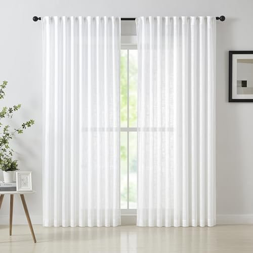 Semi Sheer White Curtains 90inch Long Linen Textured Curtain Panels for Living Room Bedroom Window Drapes Burlap Look Privacy Window Treatment Set Pencil Pleat 54 w 2 Pcs
