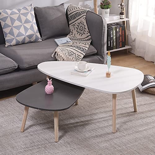 THINFAR Couchtische Sofatisch 2er Set Ovaler Couchtisch, ovaler Couchtisch mit Massivholzbeinen, Couchtisch im skandinavischen Stil (Weiß + Grau (98 * 61 * 39cm &88 * 48 * 33cm))