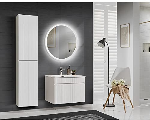 Lomadox Badezimmermöbell Set mit 60cm Waschtischunterschrank und Keramik Waschbecken in weiß matt, LED-Spiegel und Hochschrank, B/H/T: ca. 115/200/46 cm