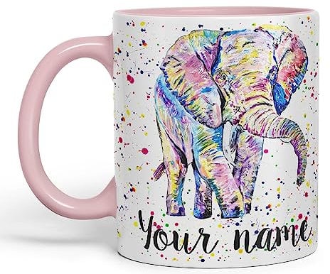 Vixar Personalised with Your Text Elephant Forward Facing Wild Animals Watercolour Art Coloured Ceramic Mug Cup Gift 330ml 11oz Custom Work Office Tea Coffee (Pink)