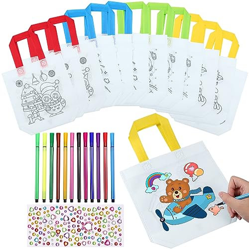 EOGRFW Kinder Stoffbeutel Set,24 Stück Tasche Zum Bemalen & 12 Farbe Buntstifte,Non-Woven-Tasche DIY,Kinder Stoffbeutel zum Bemalen für Kindergeburtstag DIY Graffiti Taschen Geburtstagsfeier Geschenke