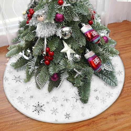 Weihnachtsbaum Rock, 120 cm Weiß Plüsch Weihnachtsbaum Decke, Rund Tannenbaum-Unterlage, Silber Schneeflocken Baum Rock, für Weihnachten Party Dekorationen