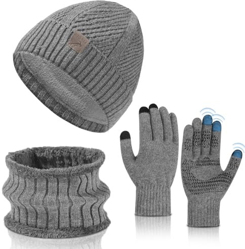 TAGVO Winter Mütze Schal Touchscreen Handschuhe Set Für Herren Damen, Wintermütze Thermo Loop Schal Rutschfeste Handschuhe Fleecefutter Schlauchschal Beanie Strickmütze Knit Hut 3-in-1 Winter Set
