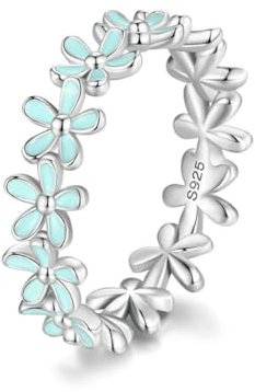 VELESAY 925 Sterling Silber Damen Gänseblümchen Ring Frauen Eheringe Verlobungsring Ewigkeitsring Ring Blau Blumen Gänseblümchen Ring US6