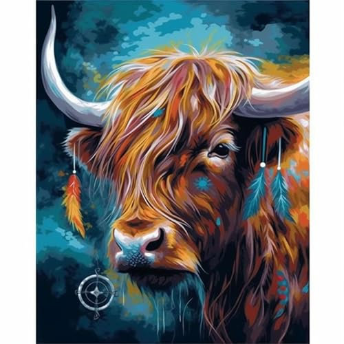 OfFsum DIY 5D Full Drill Diamant Malen nach Zahlen Kits für Erwachsene Kunst Handwerk Leinwand Farbe mit Diamanten Kristall für Home Wall Decor – Highland Rinder Big Dream Catcher 1
