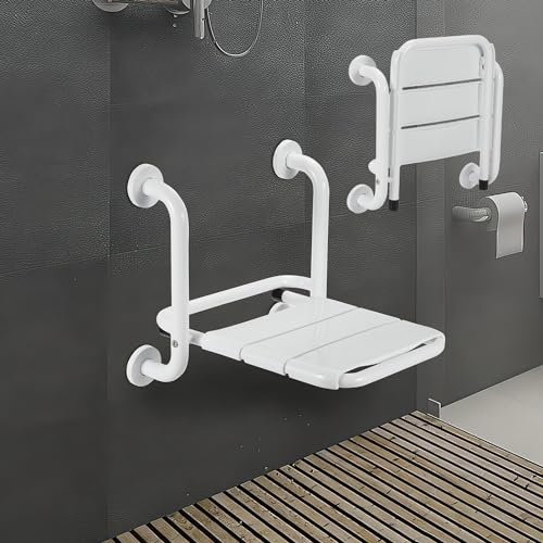 Ansobea Sedia da doccia pieghevole a parete con braccioli, sedile pieghevole per doccia, 120 kg, pieghevole, da parete, per anziani, colore: bianco
