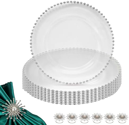 Trimming Shop 13-inch Silver Beads Clear Glass Charger Plates with Pearl Diamante Napkin Rings Combo Pack – Perfect for Wedding, Dinner Party, Event, Table Setting, and Table Decorations
