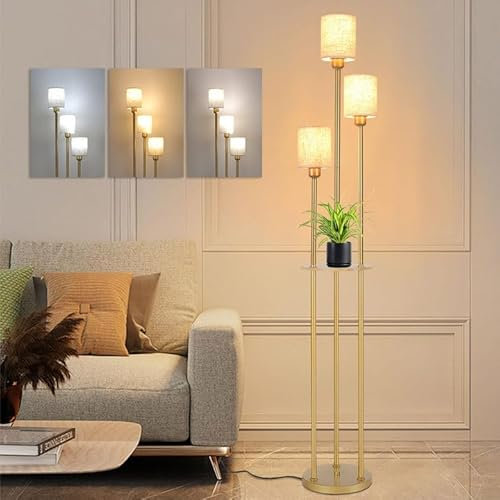 Winverty Modern Floor Lamps for Living Room, 3-Lights LED Floor Lamp with Shelves, Bedroom Standing Lamp with Fabric Shade and Foot Switch, 66 Tall Lamps for Bedroom Office