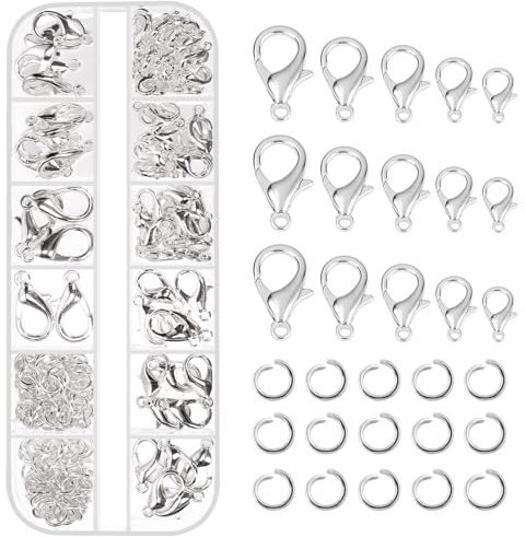 Tanstic 170Pcs Silver Lobster Claw Clasps with Open Jump Rings Kit, 10mm, 12mm, 14mm, 16mm, 18mm Alloy Small Jewelry Clasps Lobster Clasps and 6mm Jump Rings for DIY Jewelry Making