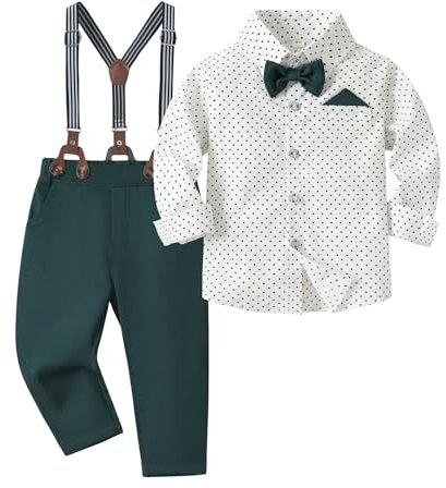 Volunboy Baby Jungen Anzug Set Bekleidung Hemd mit Fliege + Hosenträger Hosen Strampler Anzug(18-24 Monate,Größe 90,Grün Weiß)