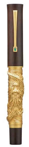 Hongdian N24 Fountain Pen Extra Fine Nib, Golden Dragon Stereoscopic Carving with Red Wood Design