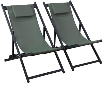 sweeek - Lot de 2 Bains de Soleil Kaki - Transat en Aluminium avec Coussin Repose tête. chilienne