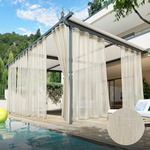 HolidayIdeas 6 Paneele Outdoor-Vorhänge für Terrasse, natürliches Leinen, halbtransparent, für Terrasse, wasserdicht, Sichtschutz, Sonnenlicht, für drinnen und draußen, Vorhänge für Pavillon, Pergola,