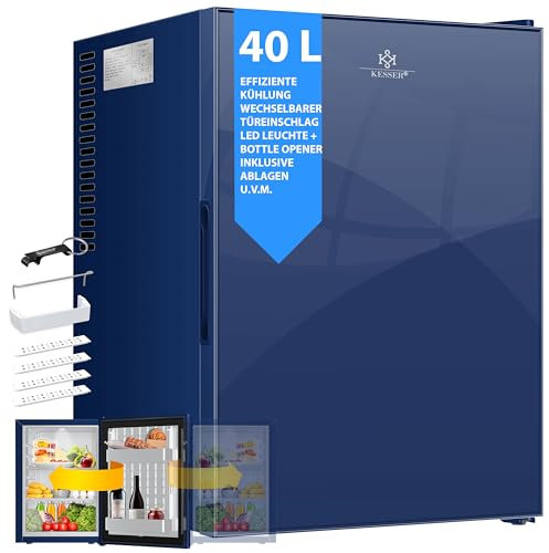 KESSER® Mini Kühlschrank 40L mit Glasfront Minibar ideal für Camping, Büro, Schlafzimmer, Hotel, Küche kleiner Kühlschrank komplett lautlos, wechselbarer Türanschlag, Innenbeleuchtung inkl. Glasöffner