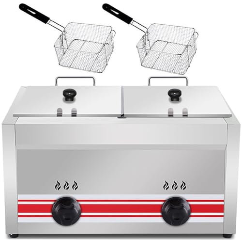 Generic Gas Deep Fryer Commercial Gas Professional Fryer, 10l/20l/30l Stainless Steel Desktop Kitchen Restaurant Fryer, Double-Slot Propane Fryer with Basket, Independent Switch,20L Gas Fryer
