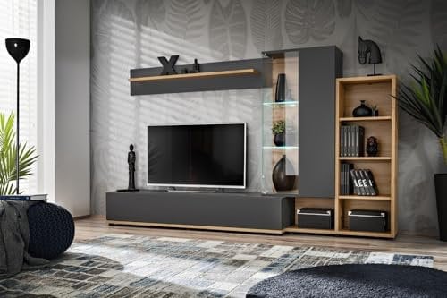 All4All Wohnwand Sili 2 - Wohnzimmermöbel - Schrankwand für Wohnzimmer - Wohnzimmerschrank - Anbauwand - Anthrazit - Wotan Eiche - Modern 21