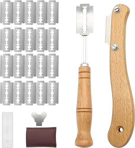 Bread Lame Cutter Bread Scorer - 2Pcs Bread Scoring Blade Bread Bakers Lame Slashing Tool with 20Pcs Replaceable Cutter & Leather Protective Cover for Bread Baking DIY Sourdough Dough Bakeware