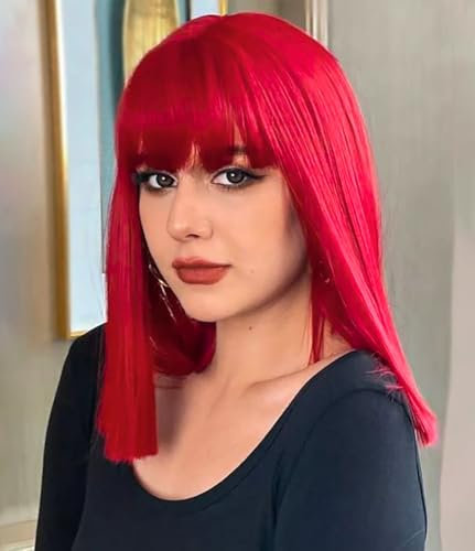 PORSMEER Rot Perücken mit Pony für Frauen, Synthetische Bob gerade Perücken Schulter Länge farbige Perücken für Halloween Kostüm Party & Cosplay wig 35cm