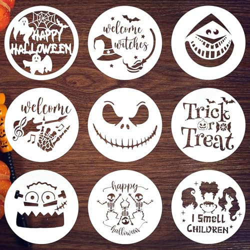 HUAKENER Halloween-Schablonen zum Malen, 30,5 cm große, runde Halloween-Vorlagen, wiederverwendbare Halloween-Schablonen zum Malen auf Holzwänden, Fenstern, Türen, Matten, Stoffen, 9 Stück