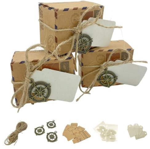 Ingrosso e Risparmio Set Pacco Vintage 20PZ Scatolina Valigetta Pacco Portaconfetti con Spago e Bussola in Bronzo 20 Bustine Confetti Bianchi 20 Tag Personalizzabili Gadget 18 Anni Compleanno