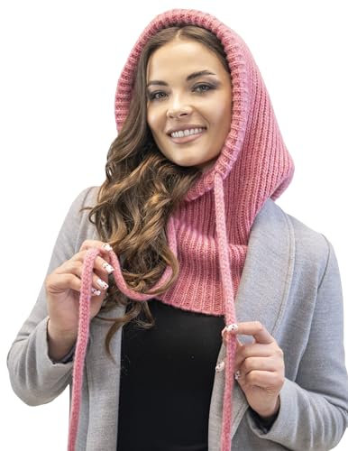 VIVISENCE Schalmütze Kapuzen Schal Für Damen Kombination Aus Stilvolle Mütze Und Loop-Schal Mit Balaclava Verstellbarem Kordelzug Aus Weicher Lammwolle Und Baumwolle Winter Herbst, Pink,Einheitsgröße