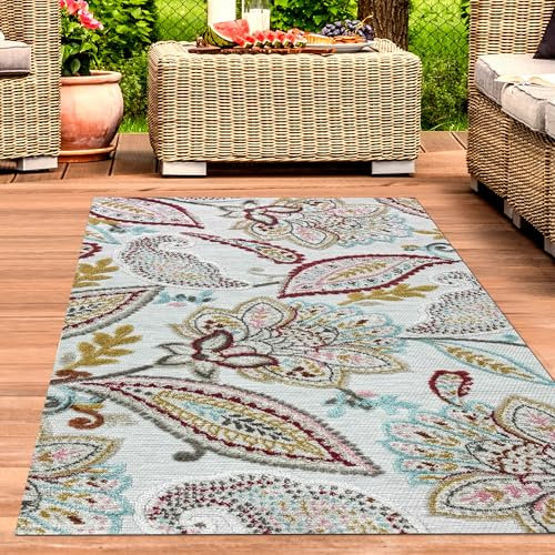 CARPETIA Outdoorteppich mit Blüten in Pastellfarben wetterfest pflegeleicht Kurzflor geeignet für Terrasse Garten Wohnzimmer Esszimmer Creme Bunt 160 x 230 cm