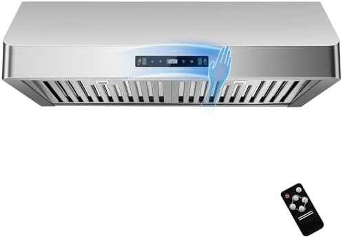 Under Cabinet Range Hood 30 inch, 900 CFM, Remote Control, Time Setting | Ducted/Ductless, stainless steel, 3-speed fan, Gesture Control, dishwasher safe baffle filters, kitchen vent hood