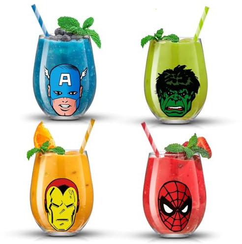 JoyJolt Marvel Heroes Stemless Drinking Glasses, 19oz Superhero Cups ft Hulk Captain America Spiderman and Iron Man, Avengers Glassware Set of 4, Marvel Gifts for Men and Women