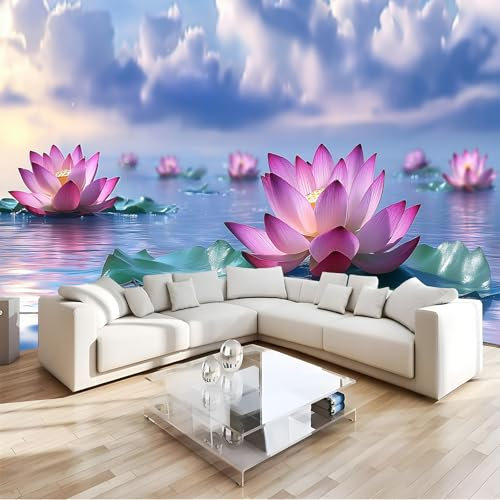 JSCWDET Silk Photo Wallpaper 3D Effect Sky with white clouds Personalised 300 X 210 cm 3D pink and purple lotus Wallpaper for Living Spaces and Feature Walls, Kitchen Bedroom Hallway Dining Room