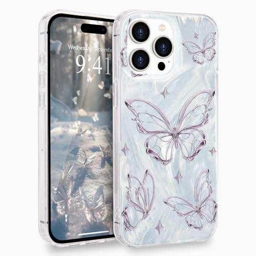 L-FADNUT for iPhone 14 Pro Case Glitter Butterfly for Women, Silver | Sparkly Silver Cute Butterfly Pattern Phone Case for Girls, Trendy Shiny Slim TPU Protective Anti-scratch Aesthetic Cover