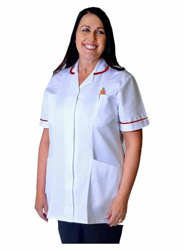Skywear T66 Ladies Tunic Tops - Women's Healthcare & Beauty Tunics for Women UK | Work Uniforms for Office, Salon, Nurse & Spa - Multicolor Short Sleeve Tops, White with Red Trim, 18