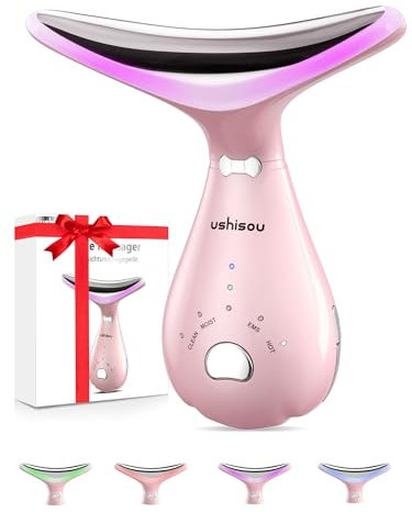 Massaggiatore Viso Elettrico Antirughe Lifting: Face Massager con 4 LED - 45°C Massaggio Viso EMS - Dispositivo di Bellezza con 3 Intensità di Vibrazione Gua Sha per Massaggio Rassodante Viso e Collo