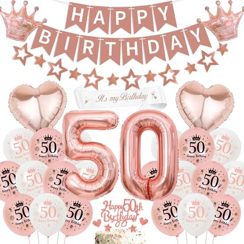 50 Geburtstag Deko Frauen Rosegold Luftballon - 50 Jahre Geburtstagsdeko Happy Birthday Banner und Sternen Girlande, Zahl Sterne Herzform Folienballons Tortendeko Schärpe für Geburtstagsparty